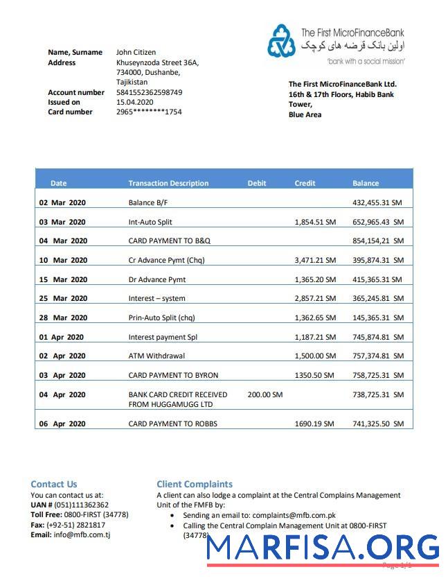 Downloadable Tajikistan The First MicroFinance (FMFB) bank statement word real example